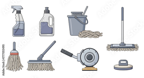 Vector icon set of cleaning supplies and applicators on a white background