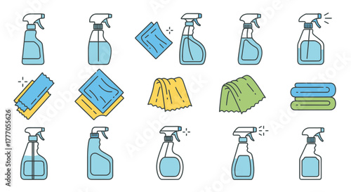 Vector icon set of cleaning supplies including sprays and wipers on a white background for household use