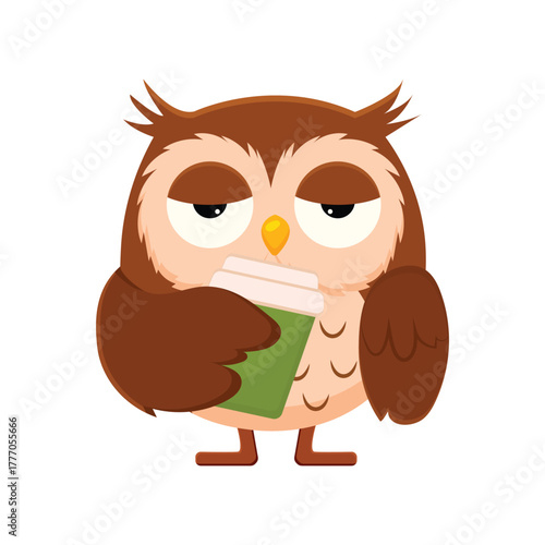 Cute cartoon owl, very sleepy and tired, holding a warm cup of coffee. Perfect visual for early mornings, needing a boost, or night owl themes. Digital vector illustration design