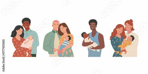 Diverse families holding newborn babies representing modern parenthood and multicultural relationships