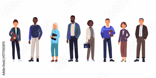 Diverse group of business professionals standing together in a line with a white background