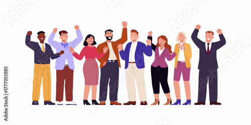 Diverse group of smiling business people raising their fists in celebration and success