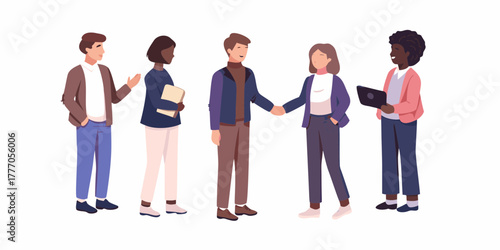 Diverse group of five professionals in casual business attire interacting and working together on a white background