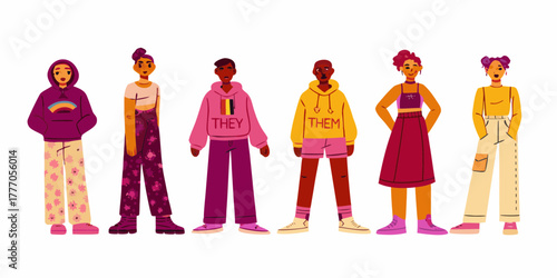 Diverse group of people with pronouns they them and rainbow flag symbolizing gender and sexual diversity