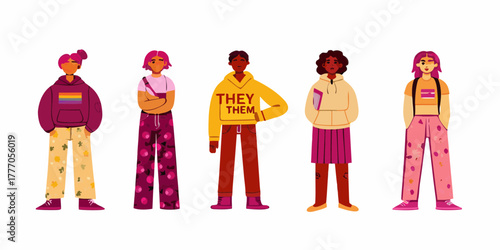 Diverse group of young people standing together showing pride and gender identity with colorful clothing and pronoun references