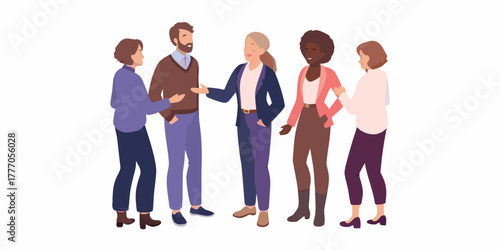 Diverse group of five people standing and talking together in a casual meeting