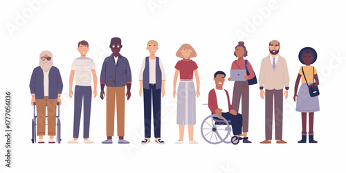 Diverse group of people of different ages ethnicities and abilities standing together in unity