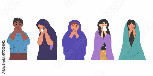Diverse group of people suffering from cold flu or allergies covering their mouths and noses