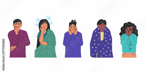 Diverse group of people expressing sadness worry and discomfort with hands on faces