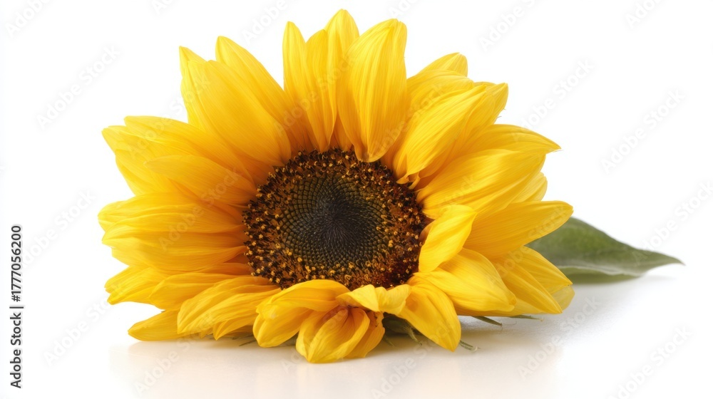 Fototapeta premium A vibrant sunflower with golden petals leans gently against a clean white surface radiating warmth.