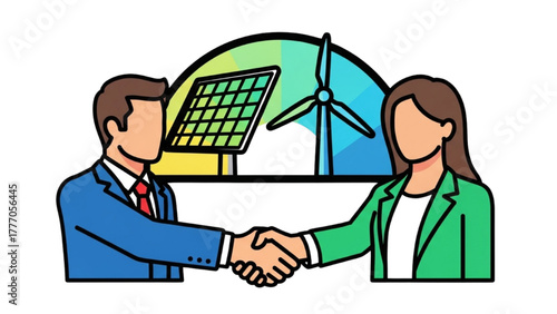 High-Quality Black Outline Colorful Art of Two Professionals Shaking Hands Under Solar Panel and Wind Turbine Outlines, Symbolizing Green Collaboration and Sustainable Partnership
