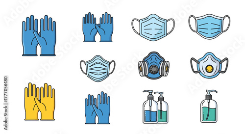 Collection of safety icons including gloves, masks, and sanitizer on a white background, symbolizing health protection measures