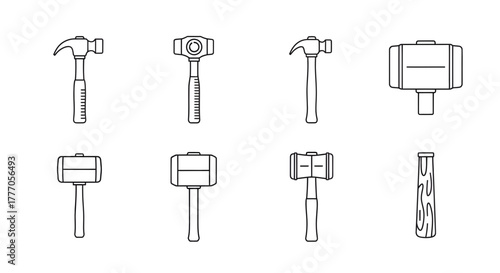 Vector icon set of various hammers and mallets on a white background