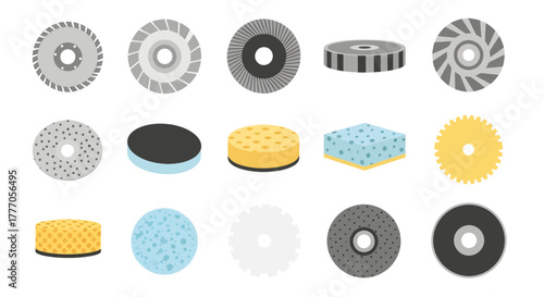Set of grinder discs and polishing pads displayed on a white background in a flat vector icon pack