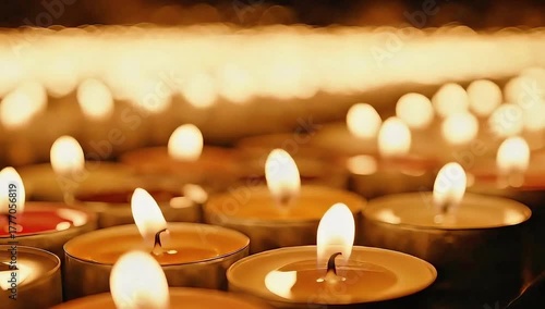 Numerous small lit candles creating a warm golden glow in a tranquil and solemn setting, perfect for remembrance or prayer
