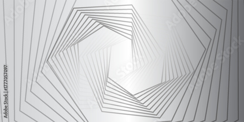 This gray-toned abstract features a layered geometric pattern with polygonal shapes spiraling towards the center, creating a captivating illusion of space and depth