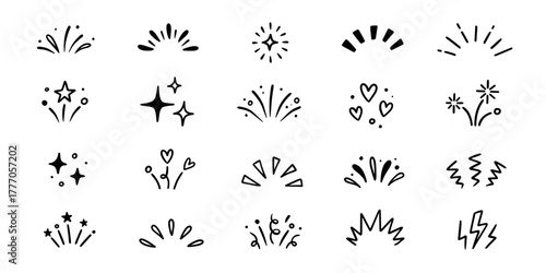 Line surprise icon element set. Hand drawn line sun bursts, cartoon star sparkles, and playful surprise rays with comic starburst and whimsical sunshine comic effect elements. Vector illustration