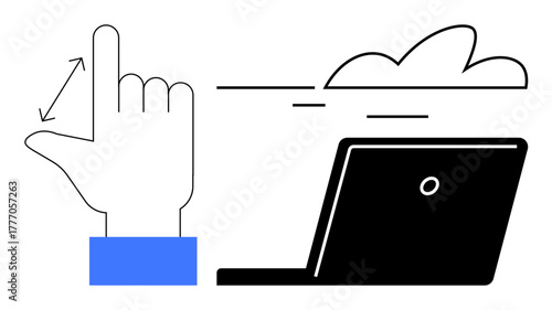 Hand gesture with directional arrows interacts with laptop, connected to a cloud element. Ideal for technology, innovation, remote control, cloud computing, communication, interface design, future