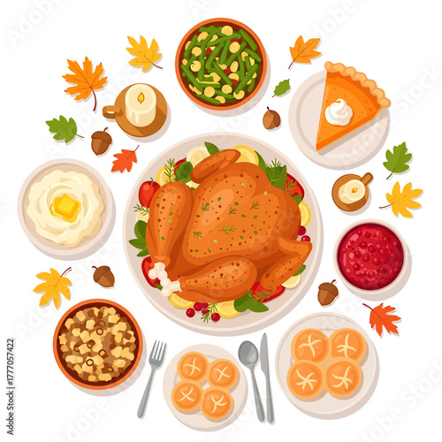 Heartwarming Festive Dinner Spread with Roasted Turkey, Mashed Potatoes, and Pumpkin Pie, Perfect for Autumn Holiday Celebrations