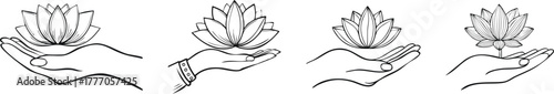 Minimal line art firefly lotus flower in hand