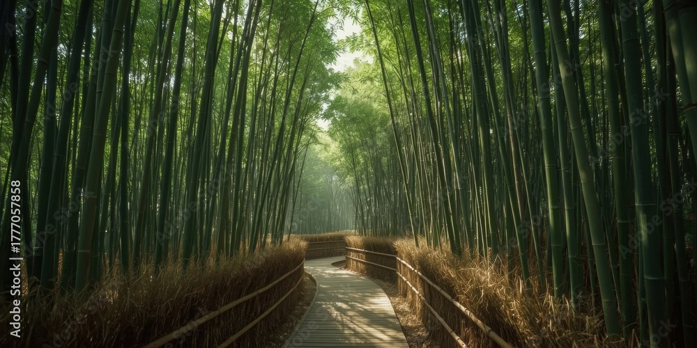 Obraz premium Sunlight filters through a lush green bamboo forest path with wooden railing