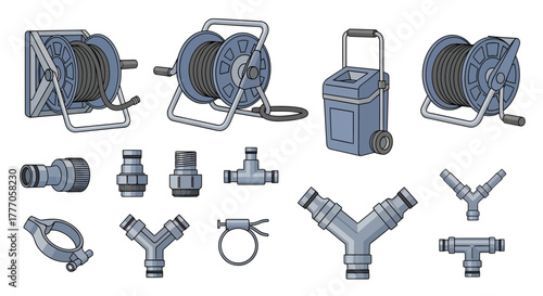 Vector Icons of Hose Reels and Connectors on White Background