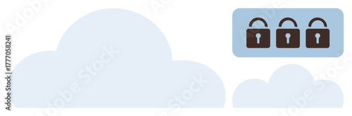 Blue clouds with three closed digital padlocks convey secure cloud storage, data protection, and privacy. Ideal for cybersecurity, online safety, IT infrastructure, encryption, digital management