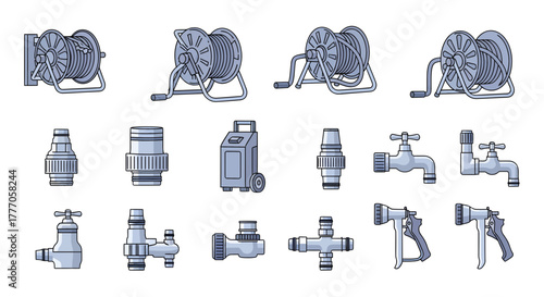 Collection of Vector Icons Featuring Household Cleaning Products and Tools on a White Background