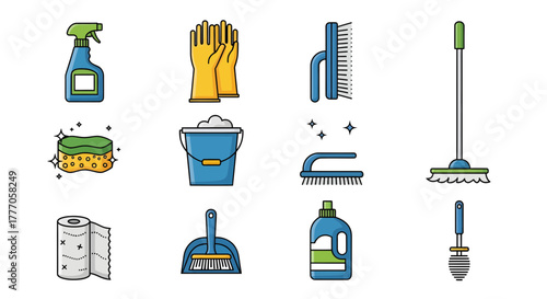 Collection of household tools and cleaning supplies on a white background, depicted in a vector icon set
