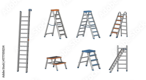 Assorted ladders and steps icons set on white background, vector illustration