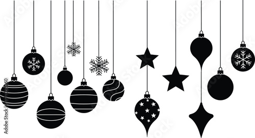 Black and White Christmas Ornaments Silhouette Collection, Hanging Festive Holiday Decorations, Stars, Snowflakes, Baubles, and Dangles Vector Illustration, Minimalist Winter Design Elements.