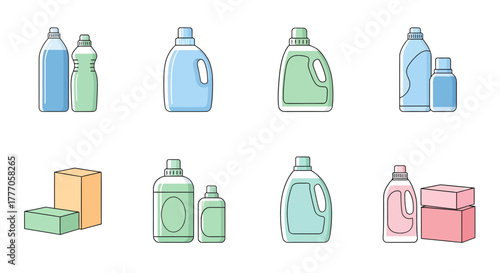 Set of cleaning supply icons including detergents and soaps on a white background