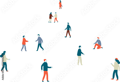 手描き風のゆるい人々のイラスト｜冬の街を歩くシンプルな人物素材