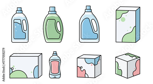 Vector icon set of laundry detergents and household washing tools on a white background