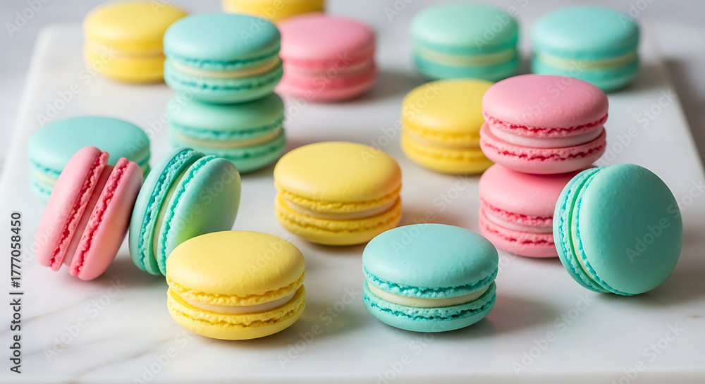 Obraz premium Variety Of Colorful Macarons Display, French Pastry Dessert, Elegant Sweet Shop