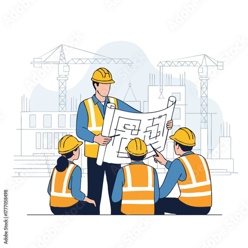 A construction team reviews blueprints at a building site, collaborating on a new project with cranes in the background.