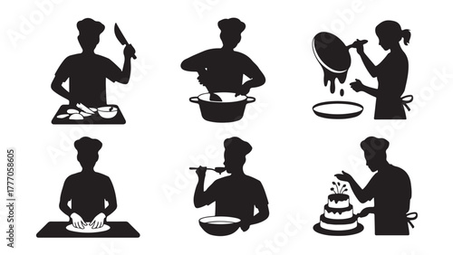 Set of cooking process icons chef silhouette preparing food simple black and white vector illustration
