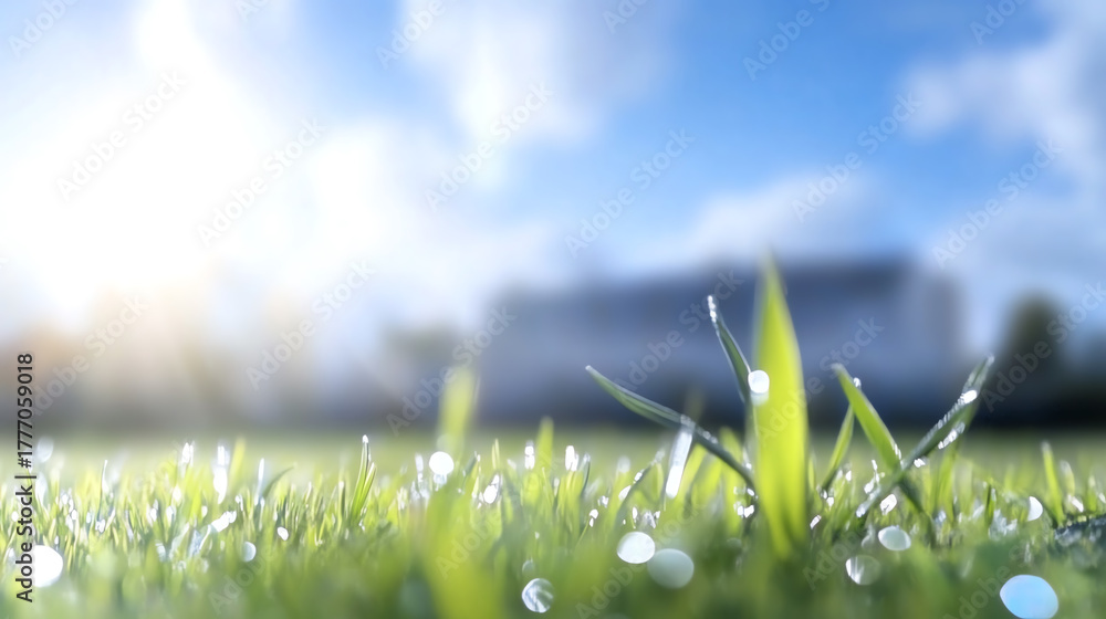 Naklejka premium Beautiful close-up of fresh green grass with dew in the sunlight, evoking a serene natural atmosphere.