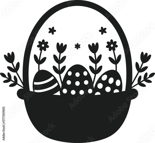 Black silhouette of an Easter basket filled with patterned eggs and flowers
