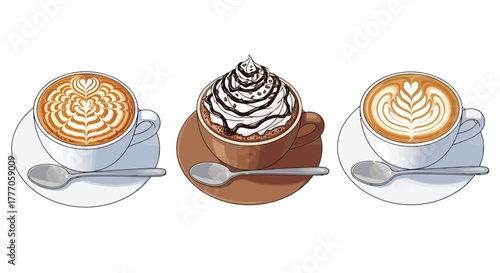 Three artistic coffee cups with latte art designs