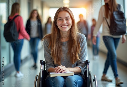 Smiling student passes confident young woman in wheelchair with books, smiling girl in bustling campus corridor. School or college banner with students. Inclusive education.