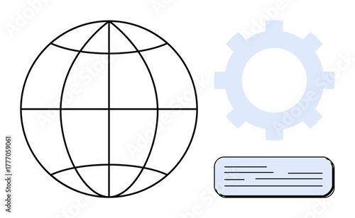 Wireframe globe, gear icon, and text box combine to represent global networking, technology, and data integration. Ideal for technology, communication, systems, collaboration global business