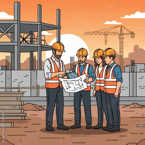 A construction team reviews blueprints at a building site during sunset, discussing project details and plans for the structure.