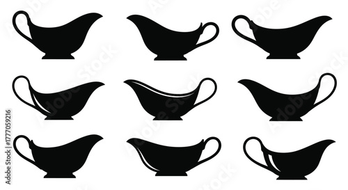 A collection of various black silhouette gravy boats on a white background