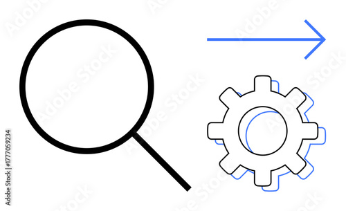 Magnifying glass, gear icon, and blue arrow symbolizing exploration, optimization, and forward movement. Ideal for workflow, innovation, automation analysis technology progress insight. Simple