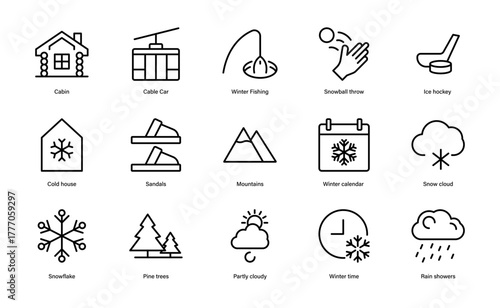 Winter vacation and weather icon set, cabin cable car mountains snow sports outline