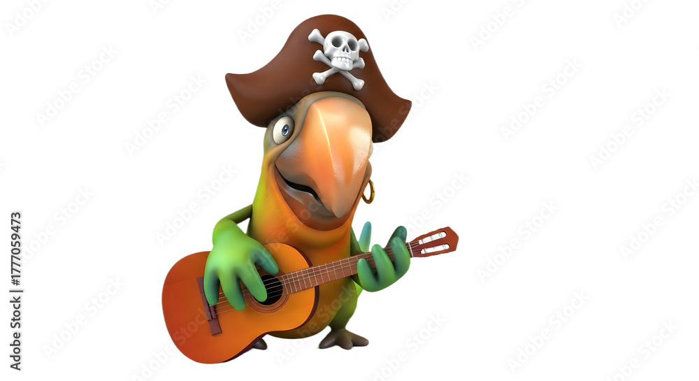 Fototapeta premium Parrot pirate playing guitar on transparent background