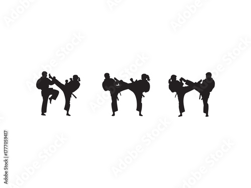 Illustration of three silhouettes of people practicing martial arts, , showcasing discipline, focus, and physical prowess