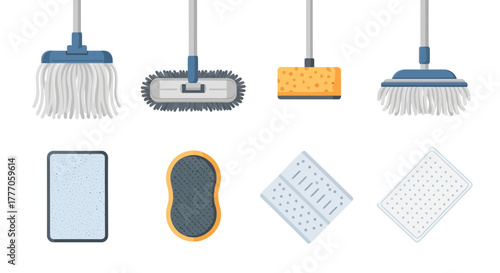 Vector icon set of household cleaning tools on a white background
