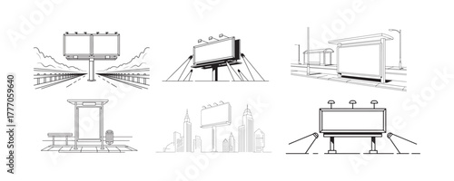 Billboard Advertising Vector Set. Outdoor Advertisement Mockup Illustrations.
